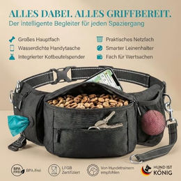 HUND IST KÖNIG Leckerlitasche für Hunde Schwarz aus Polyester mit Kotbeutelspender und Beutelspender wasserdicht – Bild 1 von 13