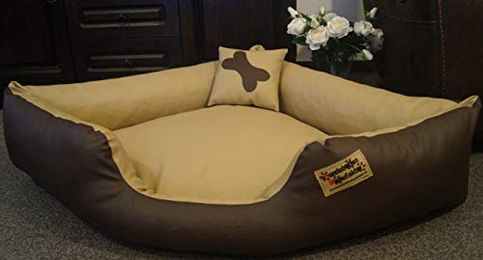 Produktbild von Hundebett Eckbett Hundesofa Canto von Hundebettenmanufaktur aus Kunstleder in Braun Beige 70 cm x 70 cm - 70 cm