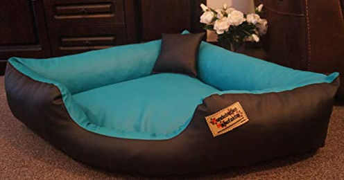 Produktbild von Hundebettenmanufaktur Hundebett Canto Eckbett Hundesofa aus Kunstleder Schwarz Türkis 70 cm x 70 cm