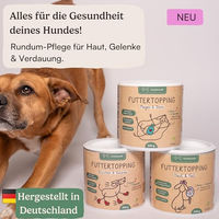 Produktbild von Hunderunde Futtertopping Haut & Fell Supplement für Hunde 2x250g mit Hanfpulver Bierhefe und Algenpulver - 500 g