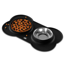 Huskl Silikon Unterlage für Doppel-Futternapf in Knochenform Schwarz für Hund und Katze - 800 ml – Bild 1 von 7
