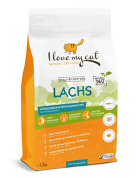 I love my cat Kitten Futterset mit Lachs und Truthahn getreidefrei mit Trockenfutter 1,2 kg Nassfutter 6 x 100 g und Jutebeutel - 7 x 100 g – Bild 1 von 5