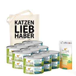 I Love My Cat Sparset für ernährungssensible Katzen mit Truthahn und Lachs Nassfutter getreidefrei 18 x 100 g plus Vermal Pulver 35 g und Jutebeutel - 18 x 100 g – Bild 1 von 3