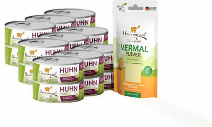 I Love My Cat Sparset für Katzen mit getreidefreiem Nassfutter Huhn und Vermal Pulver 18 x 100 g plus 35 g - 18 x 100 g – Bild 1 von 2