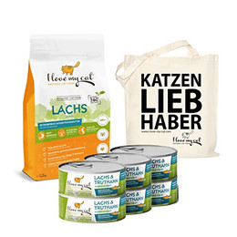 Produktbild von I Love My Cat Set Getreidefreies Trockenfutter und Nassfutter mit Lachs und Truthahn - 7 x 100 g
