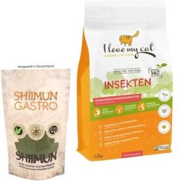 Produktbild von I Love My Cat Sparset für Katzen mit Pankreatitis Getreidefreies Trockenfutter mit Insektenprotein und Shiimun Gastro Nahrungsergänzung - 2 x 1,2 kg