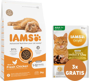 Produktbild von IAMS For Vitality Cat Adult Hairball Chicken 3 kg + 3 x Huhn und Truthahn in Soße 85 g