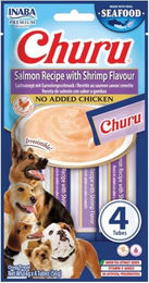 Produktbild von INABA Dog Churu Fish Based Salmon with Shrimp Recipe 4x14g cremige Leckereien mit Lachs und Garnelen für Hunde