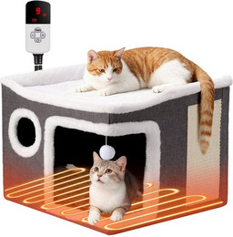 Produktbild von Insma Tierhaus Beheizbares Katzenhaus faltbares Katzenhütte, mit Kratzbrett & Spielball, verstellbare Temperatur, Timer, 41×41×33cm