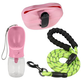 Produktbild von INTIRILIFE Hundeleinen Set Rosa mit Leckerlibeutel, Trinkflasche und reflektierender Hundeleine - 300 ml