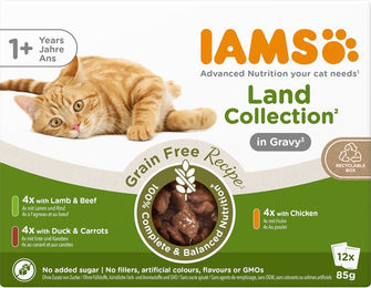 Produktbild von IAMS Advanced Nutrition Grain Free Land Collection Katzen Nassfutter Adult Stückchen in Sauce 12 x 85 g - 12 x 85 g