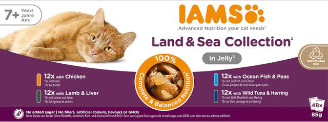 Produktbild von IAMS Advanced Nutrition Land & Sea Collection Katzen Nassfutter Senior 7+ Stückchen in Gelee Lamm Hering Huhn Thunfisch 96 x 85 g - 96 x 85 g