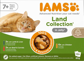 Produktbild von IAMS Advanced Nutrition Senior 7+ Land Collection Stückchen in Gelee Lamm Rind Huhn 48 x 85 g - 48 x 85 g