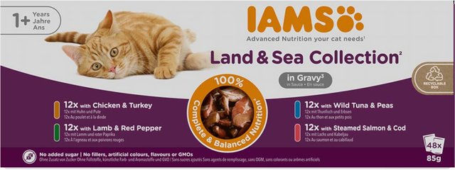 IAMS Delights Adult Katzenfutter Land & Sea Mix Stückchen in Sauce 48 x 85 g - 48 x 85 g – Bild 1 von 3