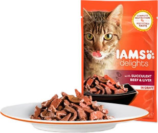 Iams Delights Katzen Nassfutter Rind mit Stückchen in Sauce Adult GVO-frei 12 x 85 g – Bild 1 von 1