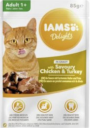 Iams Delights Katzenfutter Adult Stückchen in Sauce Huhn und Pute ohne Zucker und Farbstoffe 90g – Bild 1 von 2