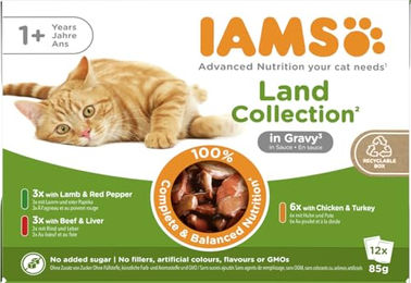 IAMS Delights Land Collection Katzenfutter Nass Multipack mit Stückchen in Sauce Huhn Pute Lamm Rind für erwachsene Katzen 12 x 85g - 12 x 85 g – Bild 1 von 13