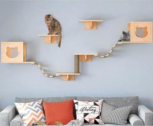 Ibenzoa Katzen-Kletterwand aus Kiefernholz modulares Set mit Katzenhäusern Sitzstangen Kratzpfosten und Regalbrettern – Bild 1 von 1
