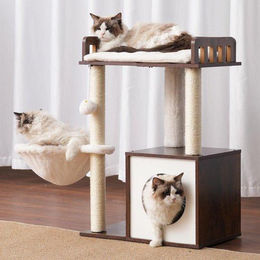 Ibenzoa Kratzbaum aus Holz mit Liegeplattform und Katzenkorb in Nussbaumoptik für kleine und mittelgroße Katzen – Bild 1 von 1