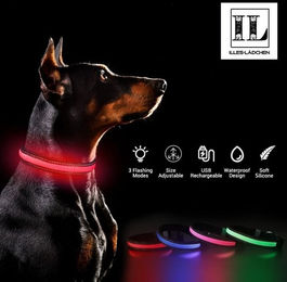 Illes-Laedchen LED Hundehalsband mit Blinklicht wasserdicht und USB wiederaufladbar in Schwarz oder Rot – Bild 1 von 3