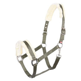 Produktbild von Imperial Riding Pferdehalfter Classic Fur aus Nylon mit Kunstfellpolsterung in Grün mit Gold und Roségold Details für Warmblut