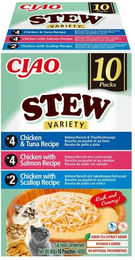 Produktbild von INABA Cat Ciao Stew Creamy Variety Mix Leckerlis für Katzen mit Huhn, Thunfisch, Lachs und Jakobsmuschel 10x40g