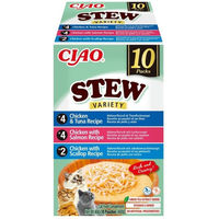 Produktbild von INABA Cat Ciao Stew Creamy Variety Mix Leckerlis für Katzen mit Huhn, Thunfisch, Lachs und Jakobsmuschel 10x40g