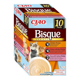 Produktbild von INABA CIAO Katzen-Ergänzungsfutter Huhn und Thunfisch Bisque mit Lachs, feuchte Creme für Katzen, 10 x 40 g, getreidefrei