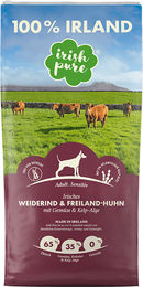 Produktbild von Irish Pure Hundefutter Adult mit Irischem Weiderind, Freiland-Huhn, Gemüse und Kelp-Alge getreidefrei mit hohem Fleischanteil