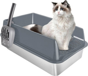 Produktbild von JEOBEST Katzentoilette Katzenklo Edelstahl XL, Offene Katzenklo, Nicht klebrig, mit Pedals und Schaufel, Geruchsfrei und langlebig
