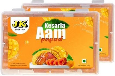 Produktbild von JK AAM PAPAD-Box 100 g * 2 (2er-Pack)| Kesaria aam Papad Roll | Gesunde Fruchtsnacks: Aamras Papad-Scheibe, Aam Papad Khatta Mitha, Mango-Papad aus echtem Fruchtfleisch