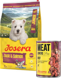 Produktbild von JOSERA Duck and Salmon Junior Mini für die ordnungsgemäße Entwicklung von Welpen kleiner Rassen 10 kg + 800g GRATIS