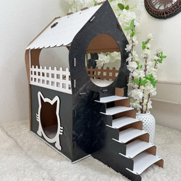 Produktbild von Jungengel Tierhaus Zweistöckiges Katzenhaus aus MDF – Schwarz Marmoriert & Weiß, Marmoroptik, Werkzeugloser Aufbau, Balkon, Katzenöffnung, 2 Etagen