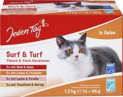 Jeden Tag Katze Surf & Turf Fleisch und Fisch Variationen Stückchen in Gelee Adult 12x100g – Bild 1 von 2
