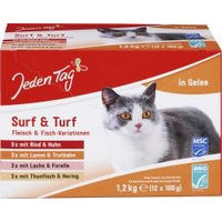 Produktbild von Jeden Tag Katze Surf & Turf Fleisch und Fisch Variationen Stückchen in Gelee Adult 12x100g