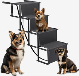 JEOBEST Hunderampe Tiertreppe mit 4 Stufen für Senioren, höhenverstellbar und klappbar, Schwarz – Bild 1 von 5