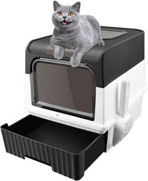 JEOBEST Katzentoilette mit Deckel und ausziehbarem Tablett Top-Entry aus Kunststoff Schwarz inklusive Schaufel – Bild 1 von 5