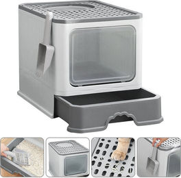 JEOBEST Katzentoilette Top-Entry mit Deckel und ausziehbarem Tablett Grau 50 x 38 x 37 cm – Bild 1 von 5