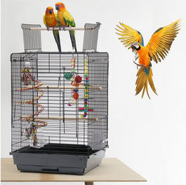 JEOBEST Vogelkäfig für Papageien aus Stahl und Kunststoff mit 3 Sitzstangen und herausnehmbarem Tablett in Schwarz – Bild 1 von 5