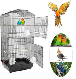 JEOBEST Vogelvoliere für Papageien aus Stahl und Kunststoff mit 3 Sitzstangen, Vogelspielzeug und Futternapf in Schwarz – Bild 1 von 5