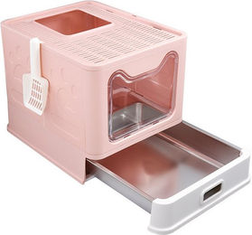 JEOBEST XXL Haubentoilette für Katzen mit Edelstahl-Schublade und Anti-Streu-Design in Rosa – Bild 1 von 5