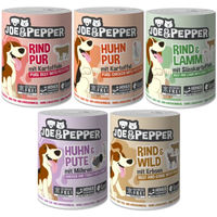 Produktbild von Joe & Pepper Hund Nassfutter Mixpaket 12 x 400g Dose Getreidefrei mit hohem Fleischanteil Rind Lamm Wild Huhn Pute Stückchen in Sauce - 6 x 400 g