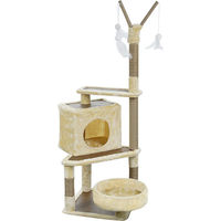 Produktbild von JooTech Kratzbaum für Katzen mit 3 Ebenen, Höhle, Hängematte und Aussichtskörbchen in Beige/Braun, 147 cm hoch