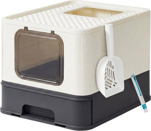 JOYFURNOS Katzenklo Katzentoilette mit Deckel und ausziehbarem Tablett beige-schwarz – Bild 1 von 1