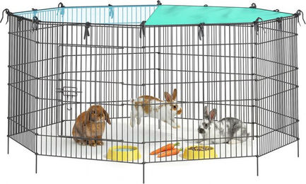 JOYFURNOS Kleintierlaufstall mit Abdeckung und Sonnenschutz, schwarzes Freigehege aus 8 Gitterplatten, 138 x 138 x 60 cm – Bild 1 von 1