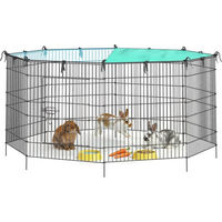 Produktbild von JOYFURNOS Kleintierlaufstall mit Abdeckung und Sonnenschutz, schwarzes Freigehege aus 8 Gitterplatten, 138 x 138 x 60 cm