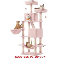 Produktbild von JOYFURNOS Kratzbaum Größe L in Pastellrosa mit 168 cm Höhe, 13 Kratzsäulen, 2 Plattformen, 2 Höhlen, Korb und Hängematte