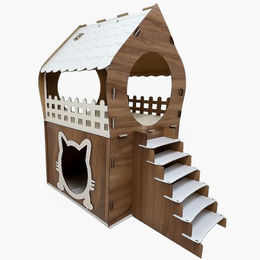 Jungengel Katzenhaus aus Holz in 2 Etagen Braun Weiß XL – Bild 1 von 6