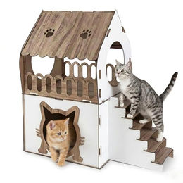 Jungengel Katzenhaus XL aus Holz in Braun Weiß mit 2 Etagen und Treppe für Katzen – Bild 1 von 11