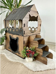 Jungengel Katzenliege XL Katzenhaus aus Holz 2-stöckig 68x42x35 cm – Bild 1 von 5